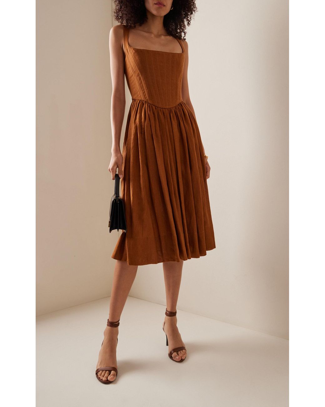 Lena Hoschek Tessa Corset Linen Midi Dress in Brown | Lyst Lena Hoschek Tessa Corset Linen Midi Dress in Brown | Lyst