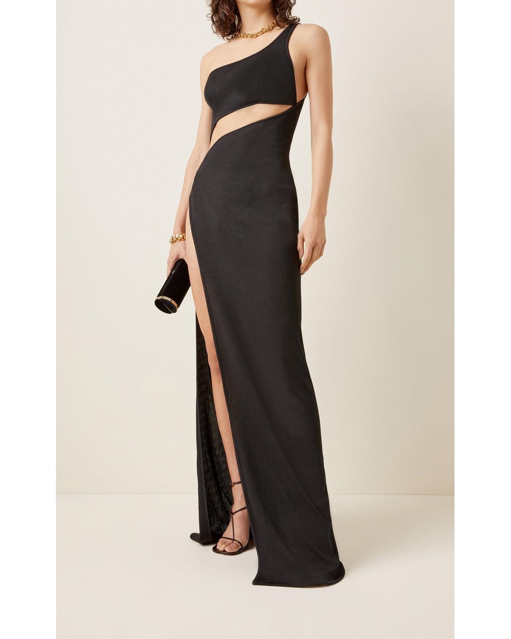 Brandon Maxwell Cutout Ribbed-knit One-shoulder Gown in Black