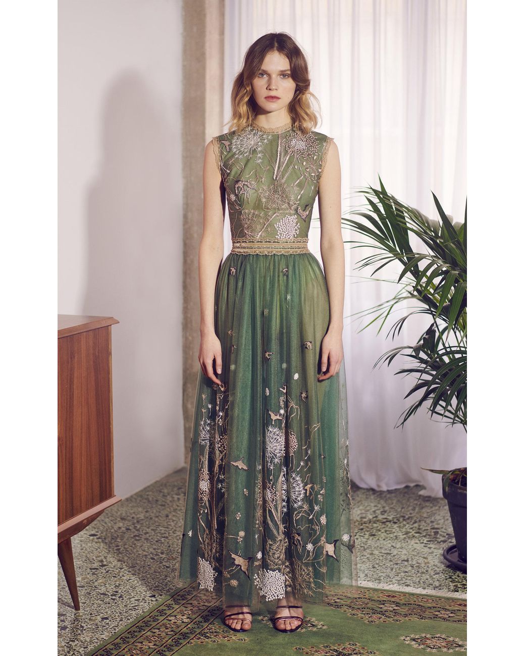 Costarellos Story-telling Embroidered Tulle Dress in Green