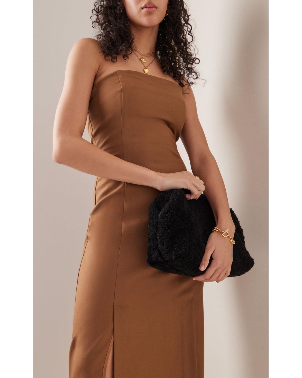 St. Agni Tailored Strapless Wool Midi Dress in Brown