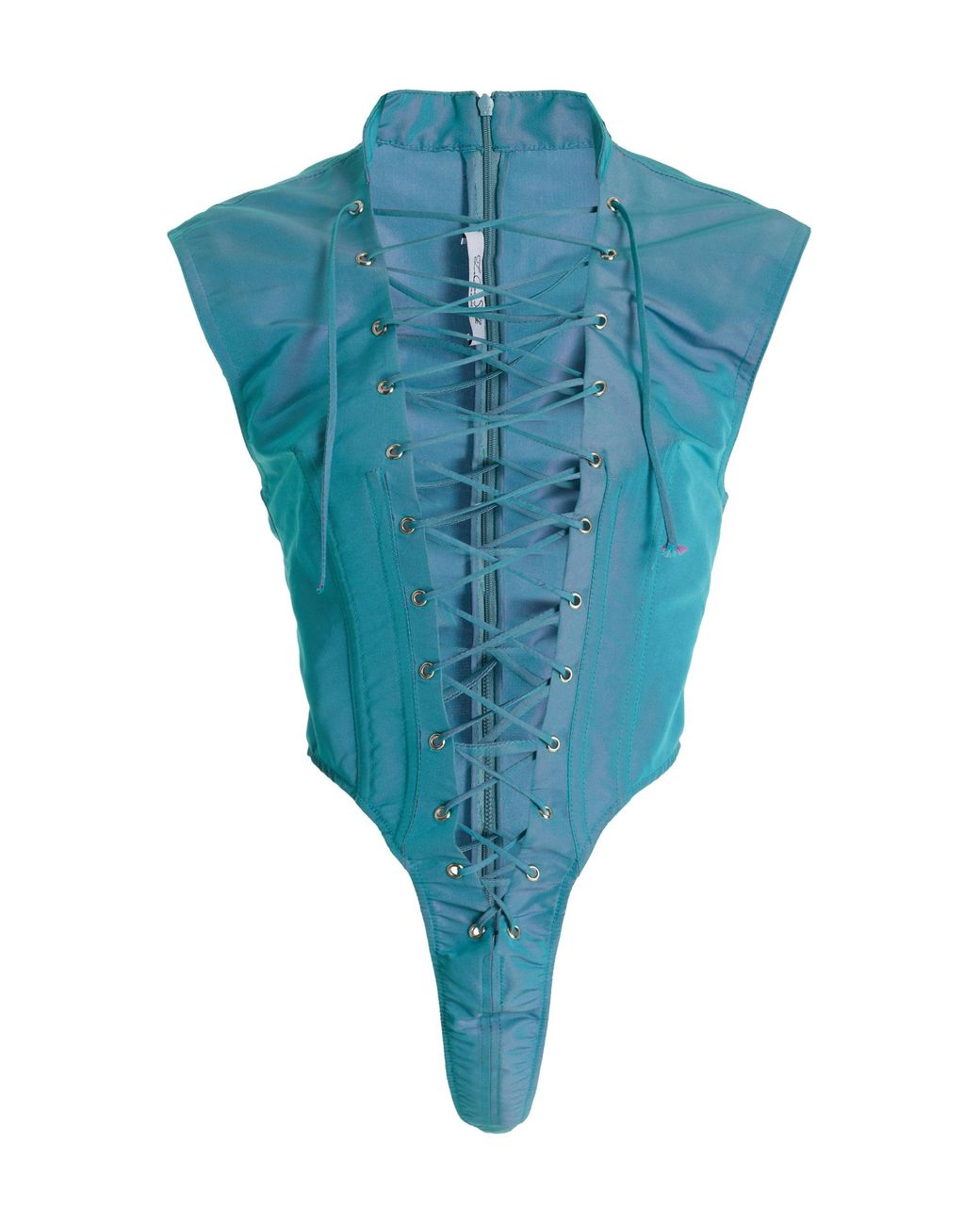 LAQUAN SMITH Laceup Iridescent Taffeta Bodysuit in Blue Lyst