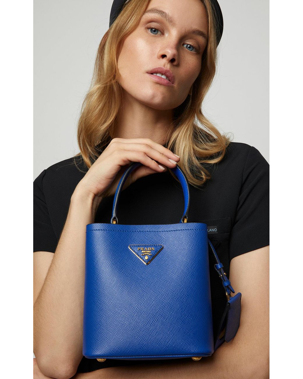 Prada Small Saffiano Leather Double Bucket Bag in Blue | Lyst