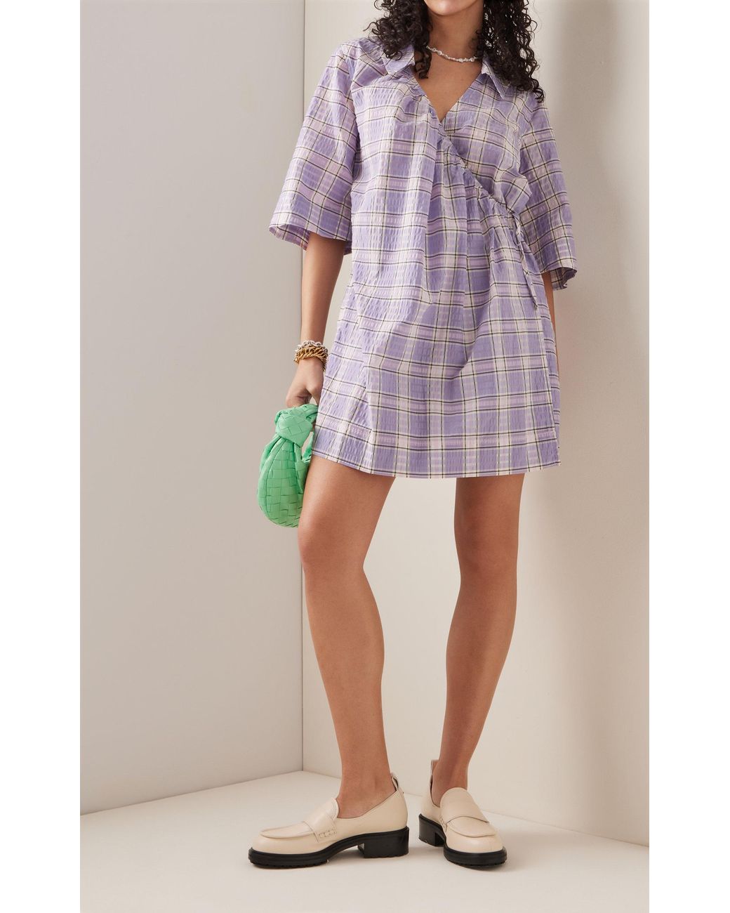 Ganni Check Mini Wrap Dress in Purple | Lyst