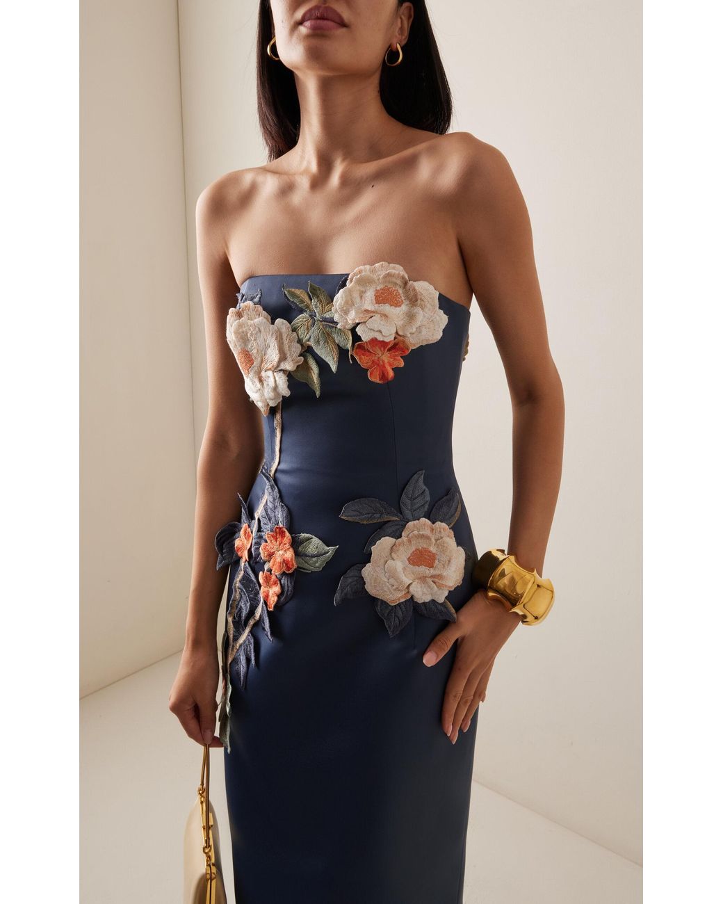LEO LIN Rayna Floral-appliqud Satin Maxi Dress in Blue | Lyst Australia