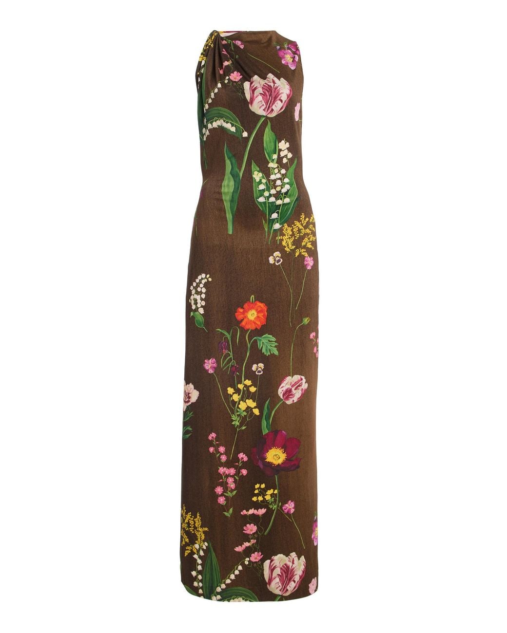 Oscar de la Renta Brown Mixed Botanical Milano Jersey Dress