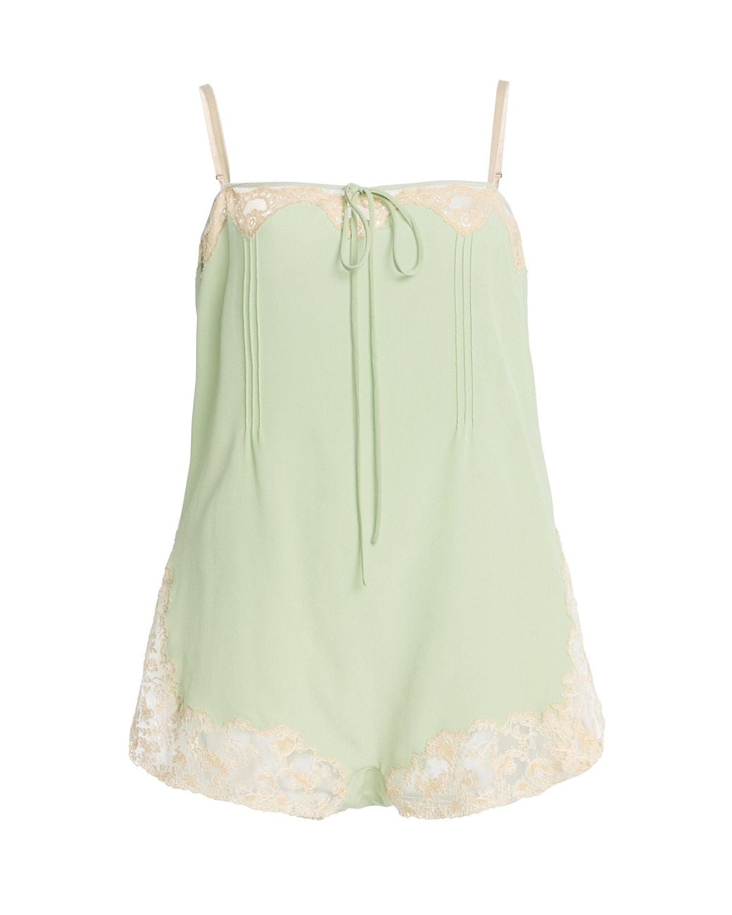 Saint Laurent Green Lace-Trimmed Silk Crepe De Chine Romper