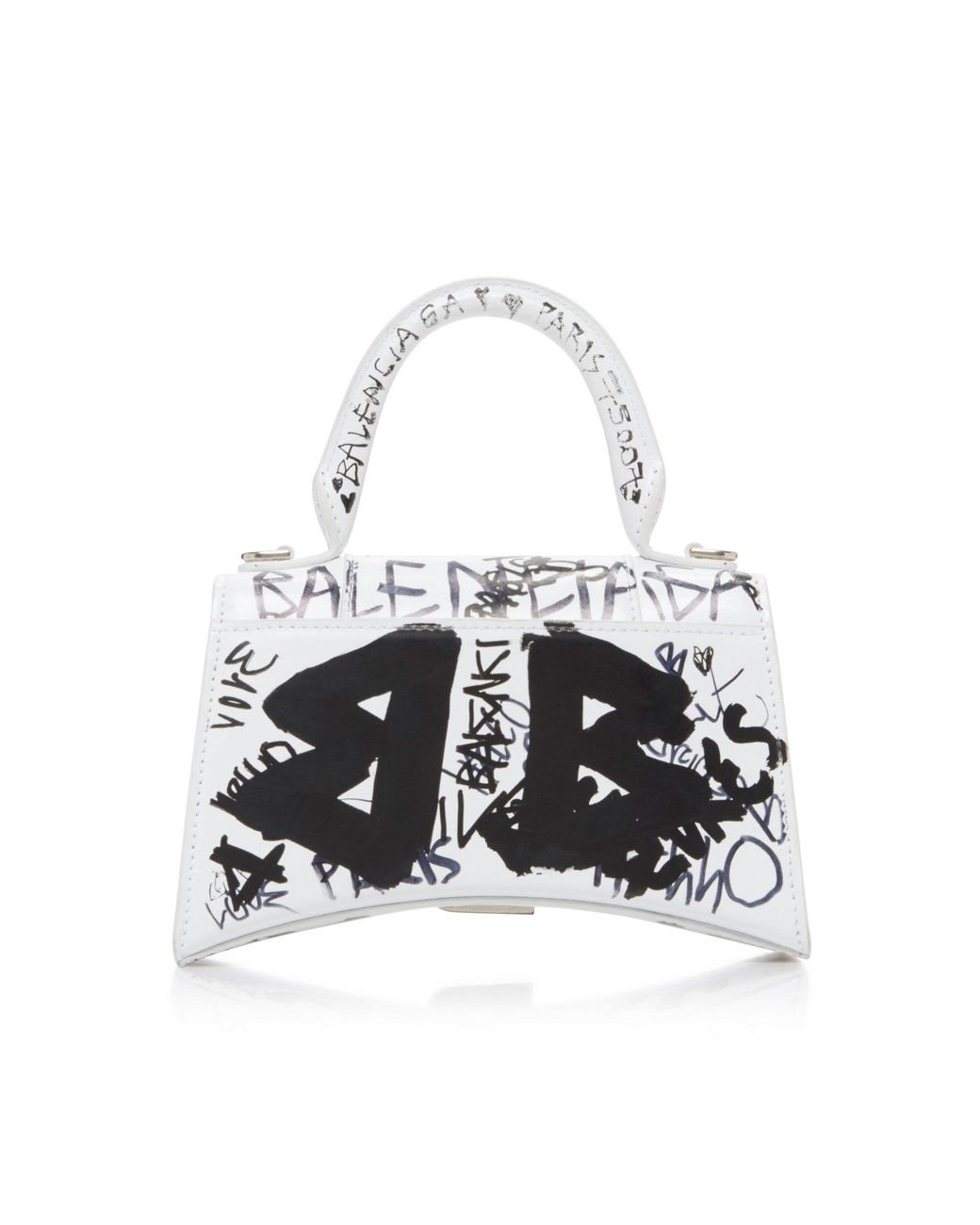 BALENCIAGA Calfskin Graffiti Hourglass Top Handle Bag XS White Silver  895136