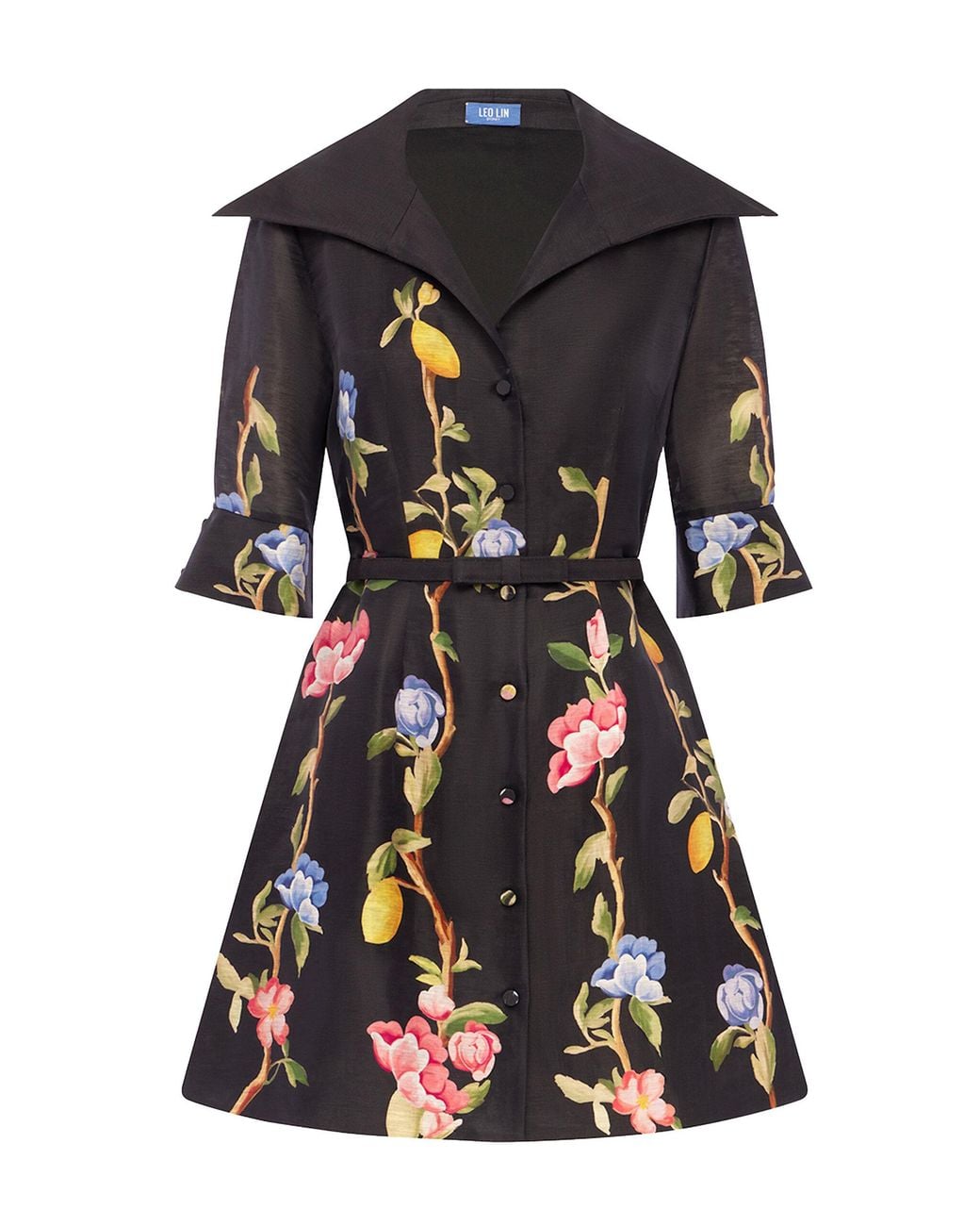 LEO LIN Black Genevieve-Print Linen-Blend Button-Up Mini Dress