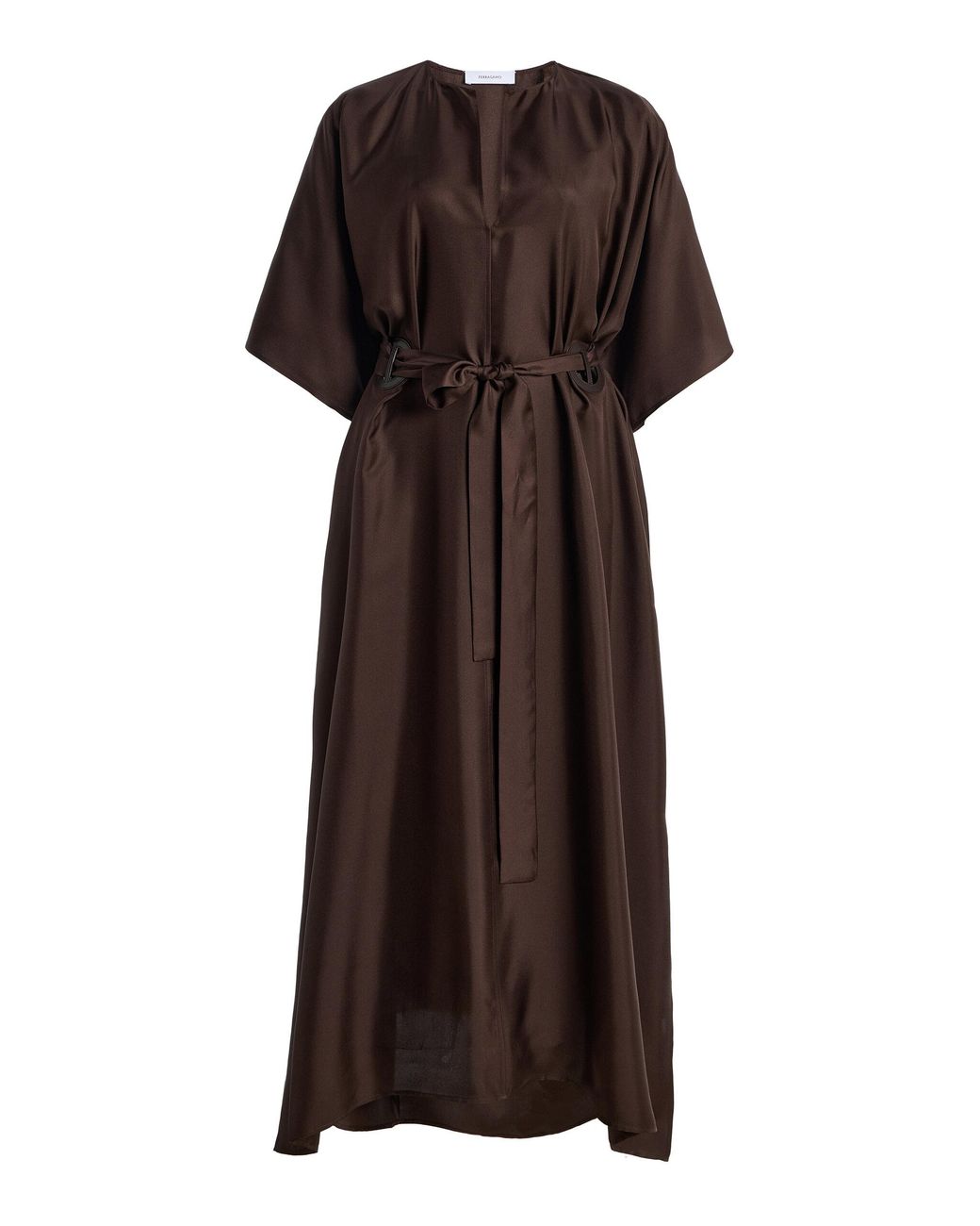 Ferragamo Brown Belted Silk Midi Dress