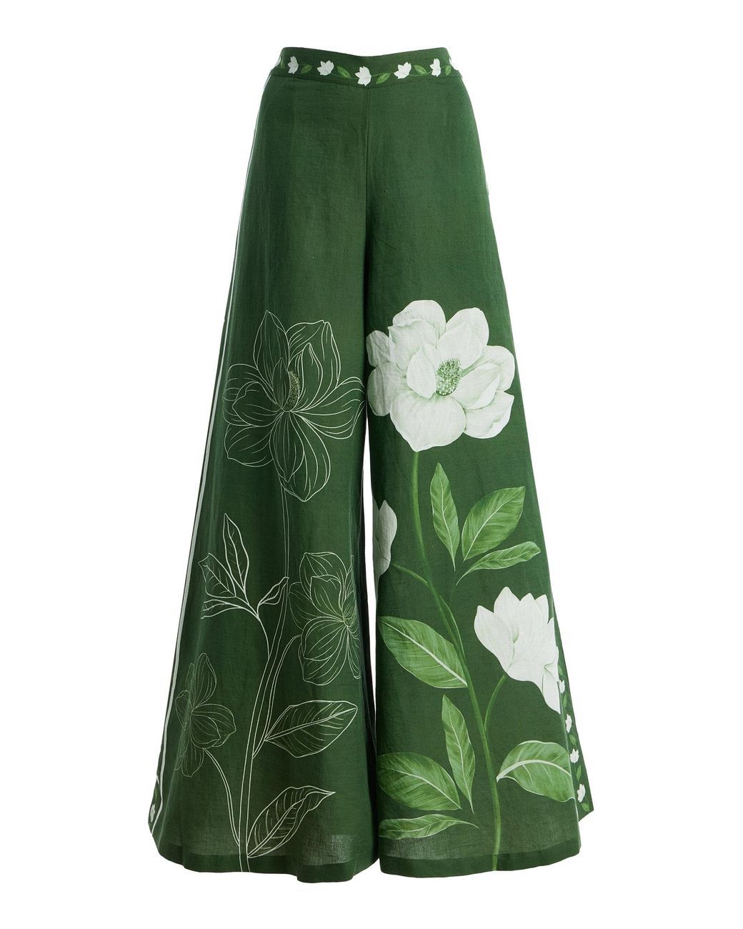 VERANDAH Green Magnolia Linen-Cotton Wide-Leg Pants
