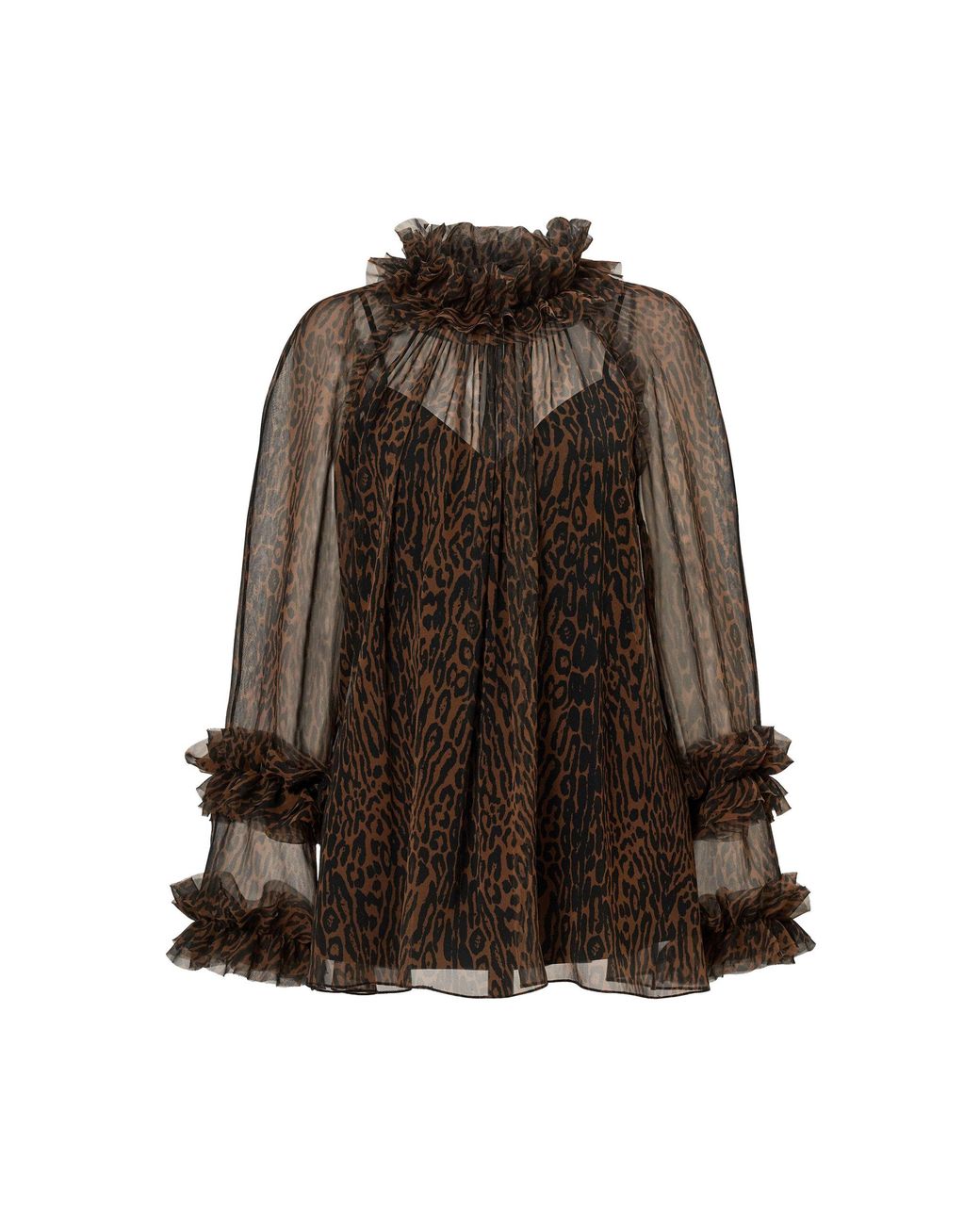 Carolina Herrera Brown Ruffle-Trimmed Leopard Chiffon Top