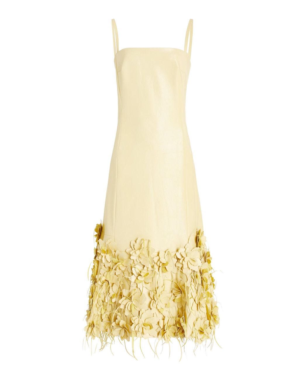 yellow leather dress Dilone Vest Mini Faux leather straps (adjustable) Mesh bodice Square neckline Lace Up detail Silver eyelets Ruched Hidden back zipper closure Ultra stretchy Fabric Gabriela Hearst custom gold leather