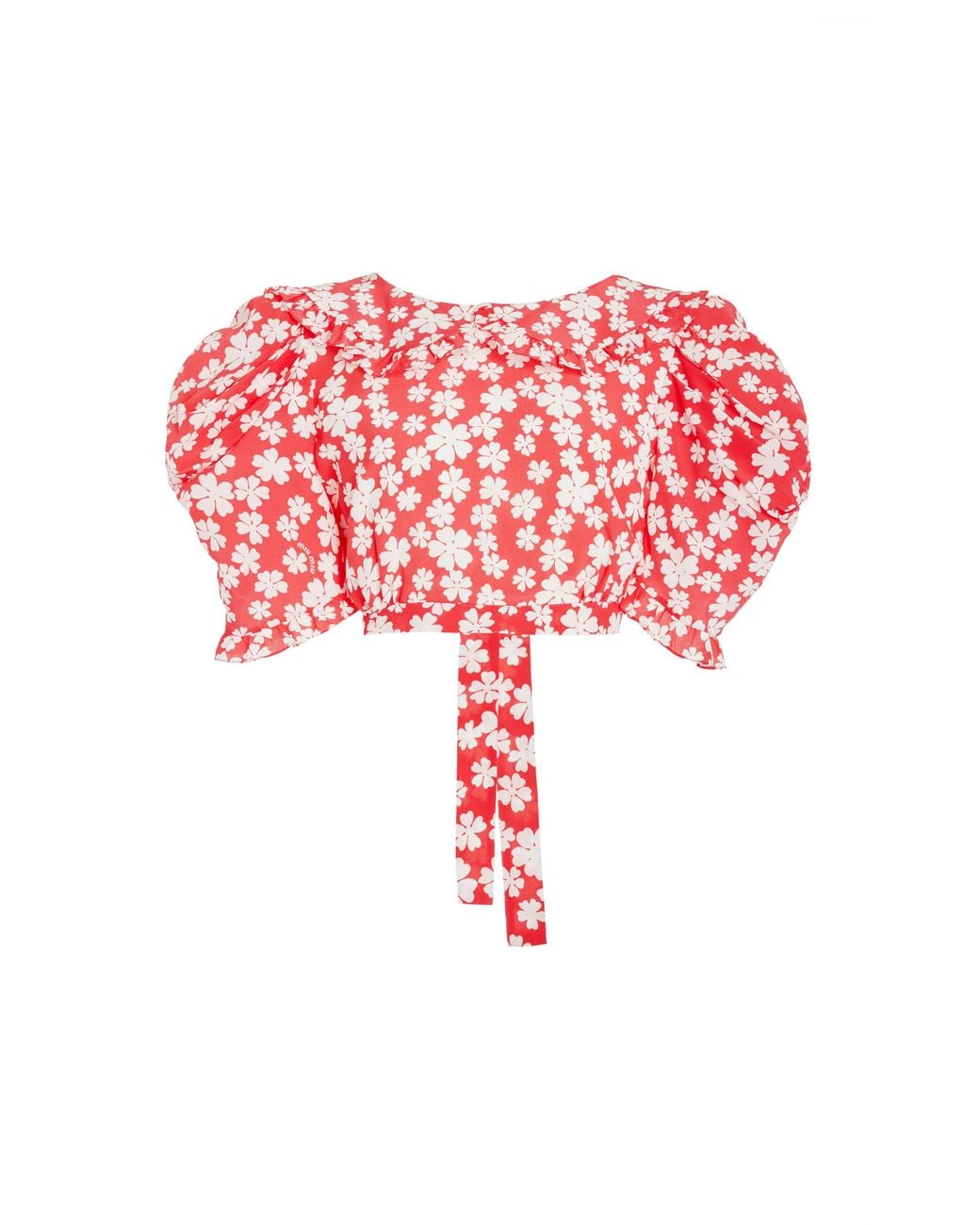Miu Miu Red Puff-Sleeve Silk Open-Back Crop Top