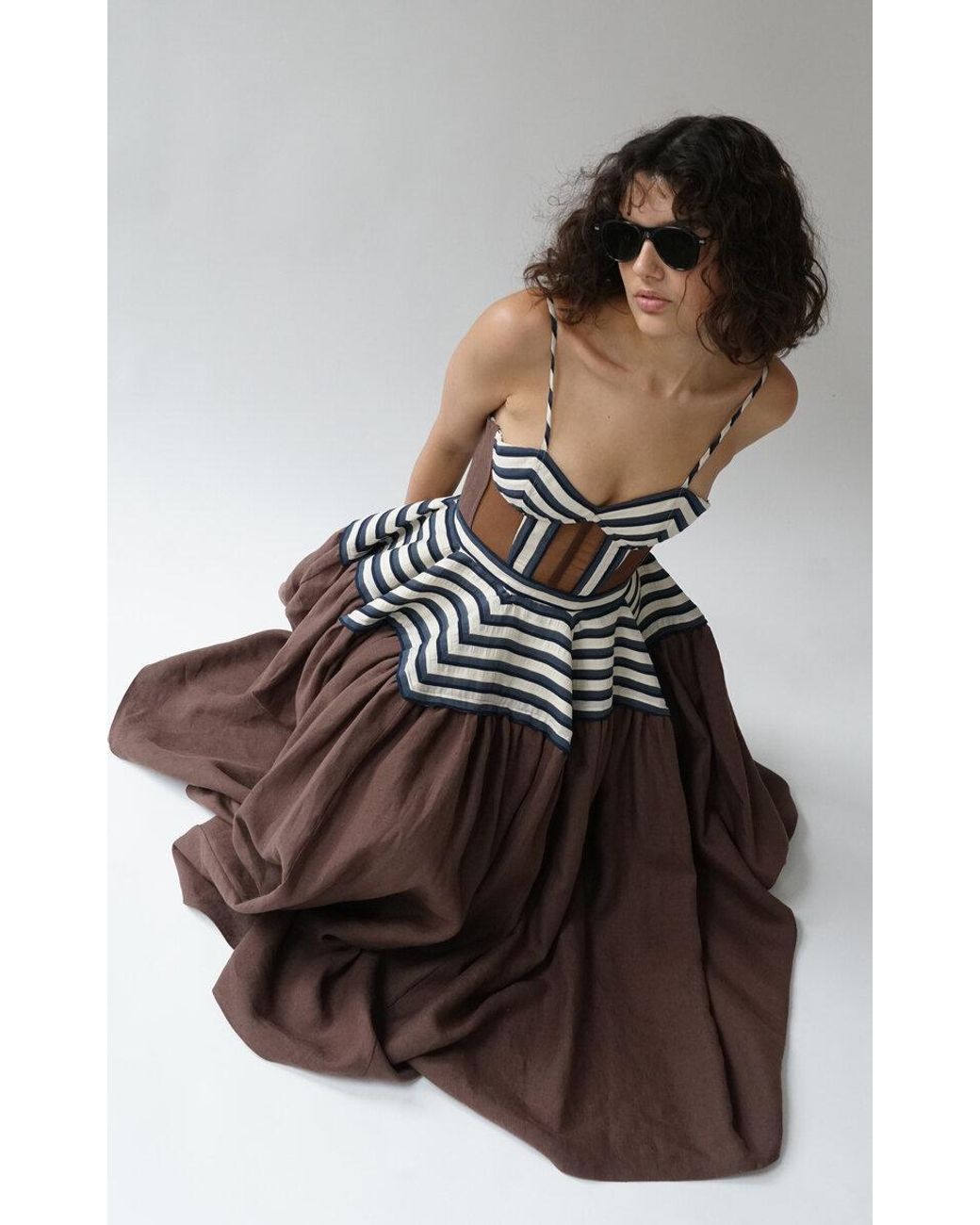 Rosie Assoulin Golden Afternoon Striped Linen Midi Dress in Brown | Lyst