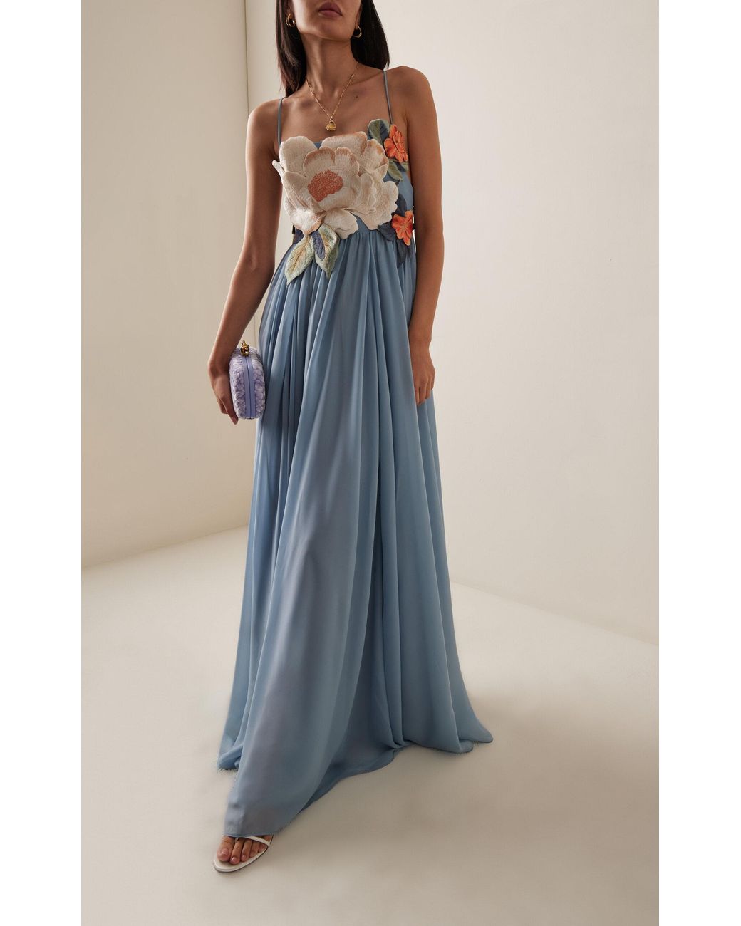 LEO LIN Agnes Floral-appliqud Georgette Maxi Dress in Blue | Lyst