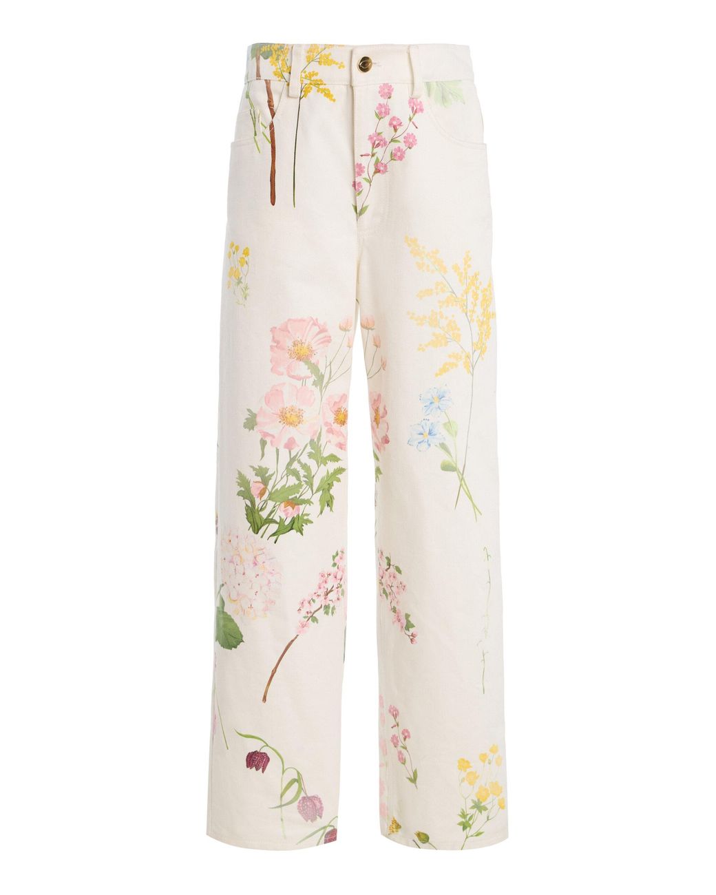 Oscar de la Renta White Botanical Cotton-Denim Straight-Leg Pants