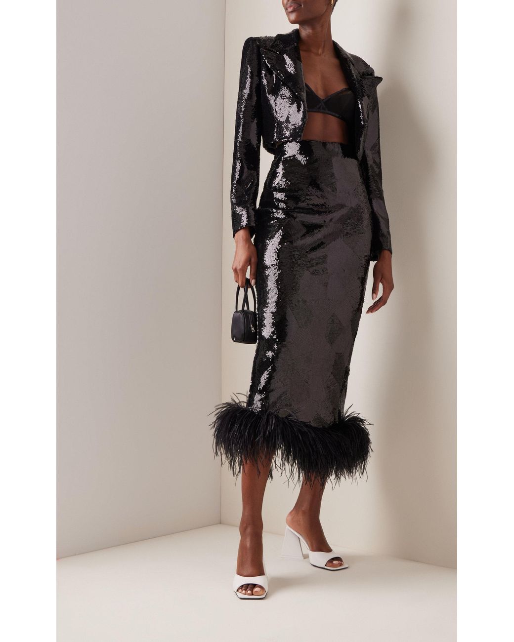 Rasario Feather detailed Sequined Midi Skirt in Black Lyst