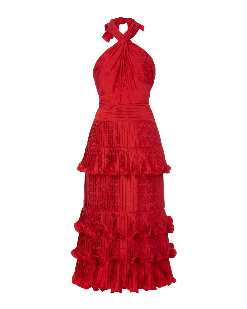 Johanna Ortiz Ruffled Floral Satin Jacquard Halterneck Midi Dress In Red Lyst 