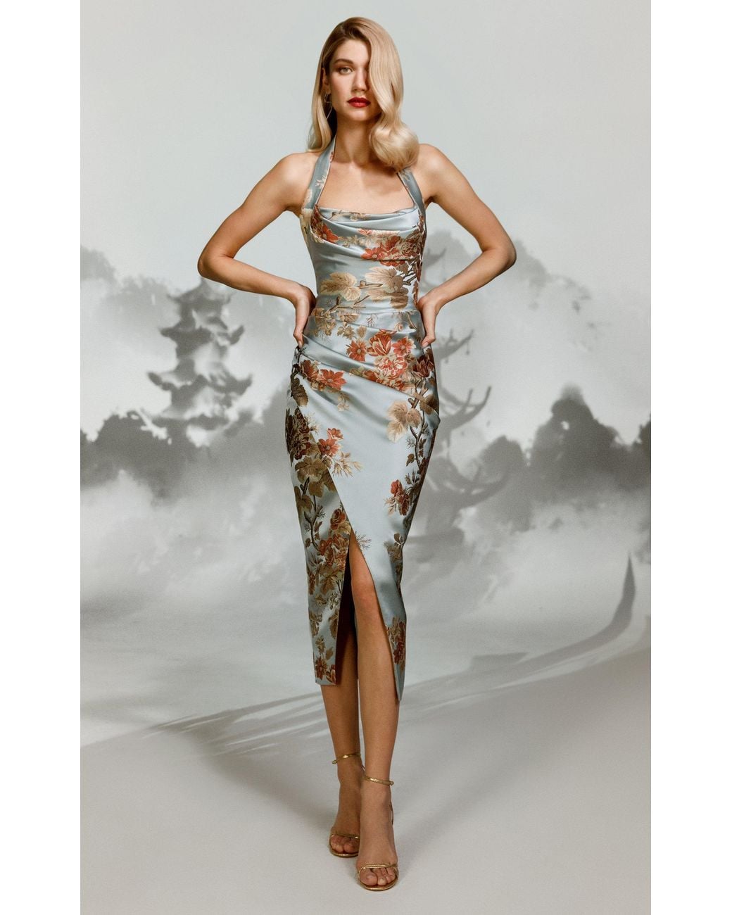 Rasario Draped Floral Jacquard Midi Halter Dress in Blue | Lyst