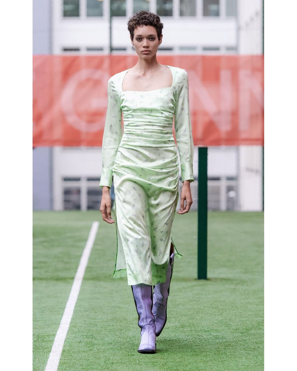 Ganni Floral-print Silk-blend Satin Midi Dress in Green | Lyst