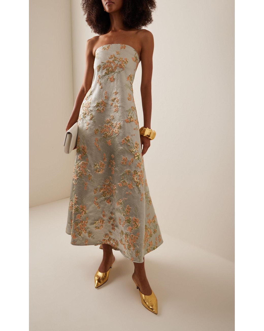 STAUD Kennedy Metallic Brocade Midi Dress in Natural | Lyst UK