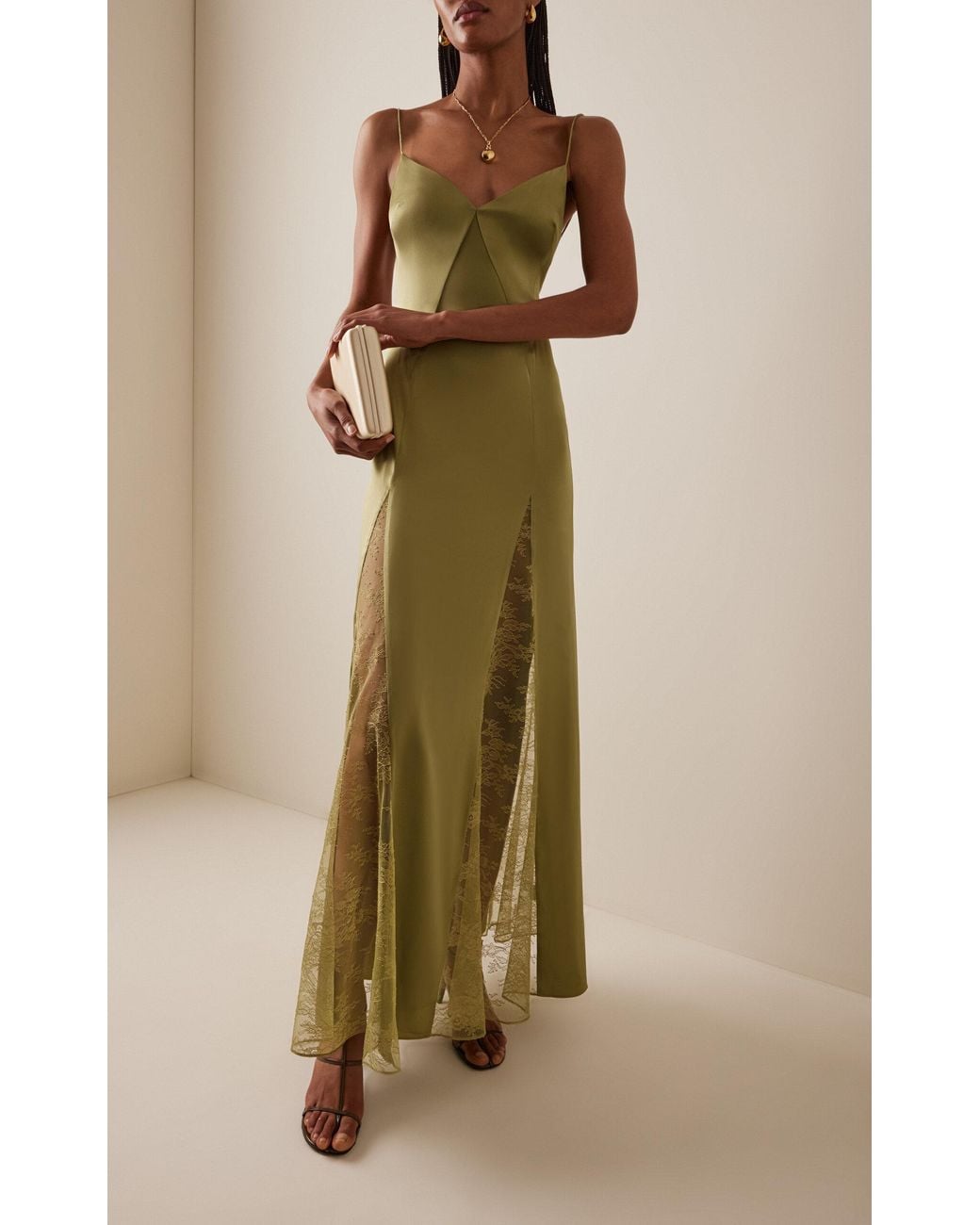 STAUD Exclusive Trinity Lace-Inset Silk Maxi Slip Dress in Green | Lyst  Australia