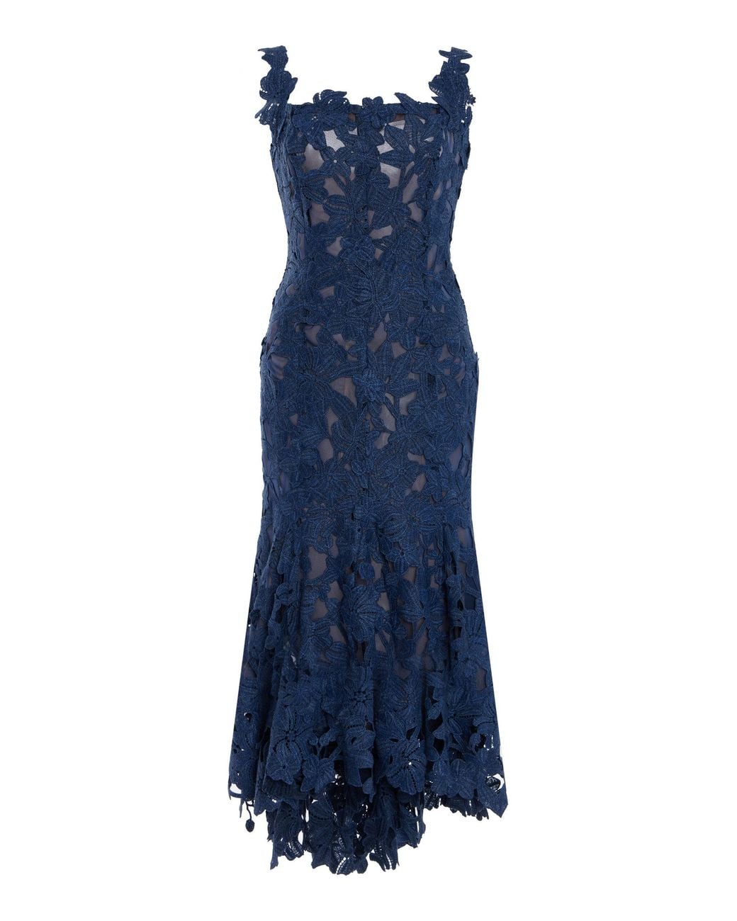 Oscar de la Renta Blue Asymmetric Floral Guipure Midi Dress