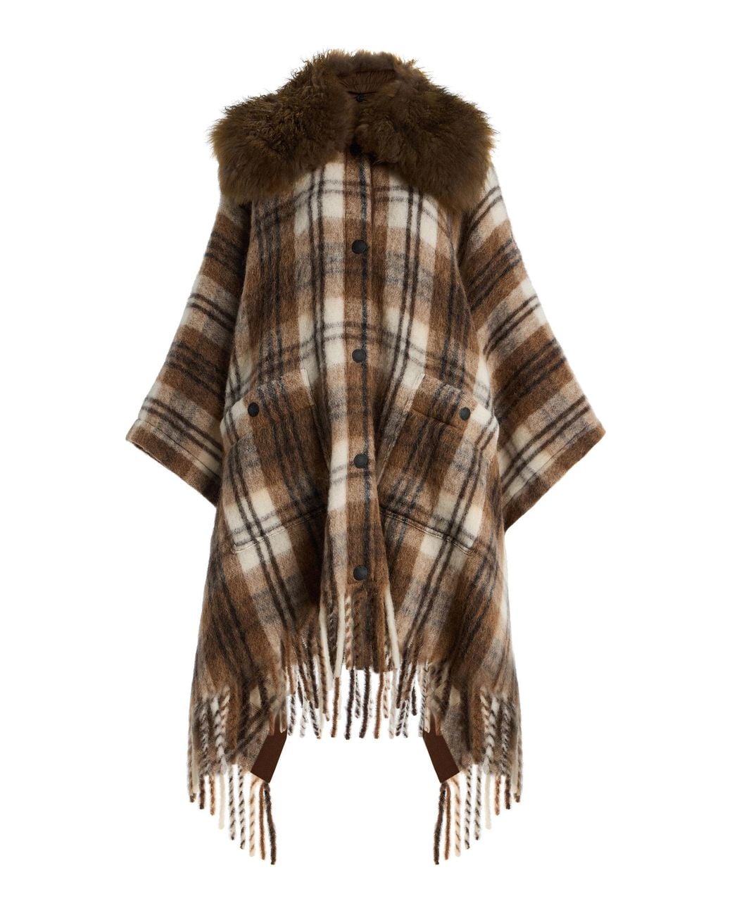 Moncler Brown Shearling-Trimmed Checked Wool Cape