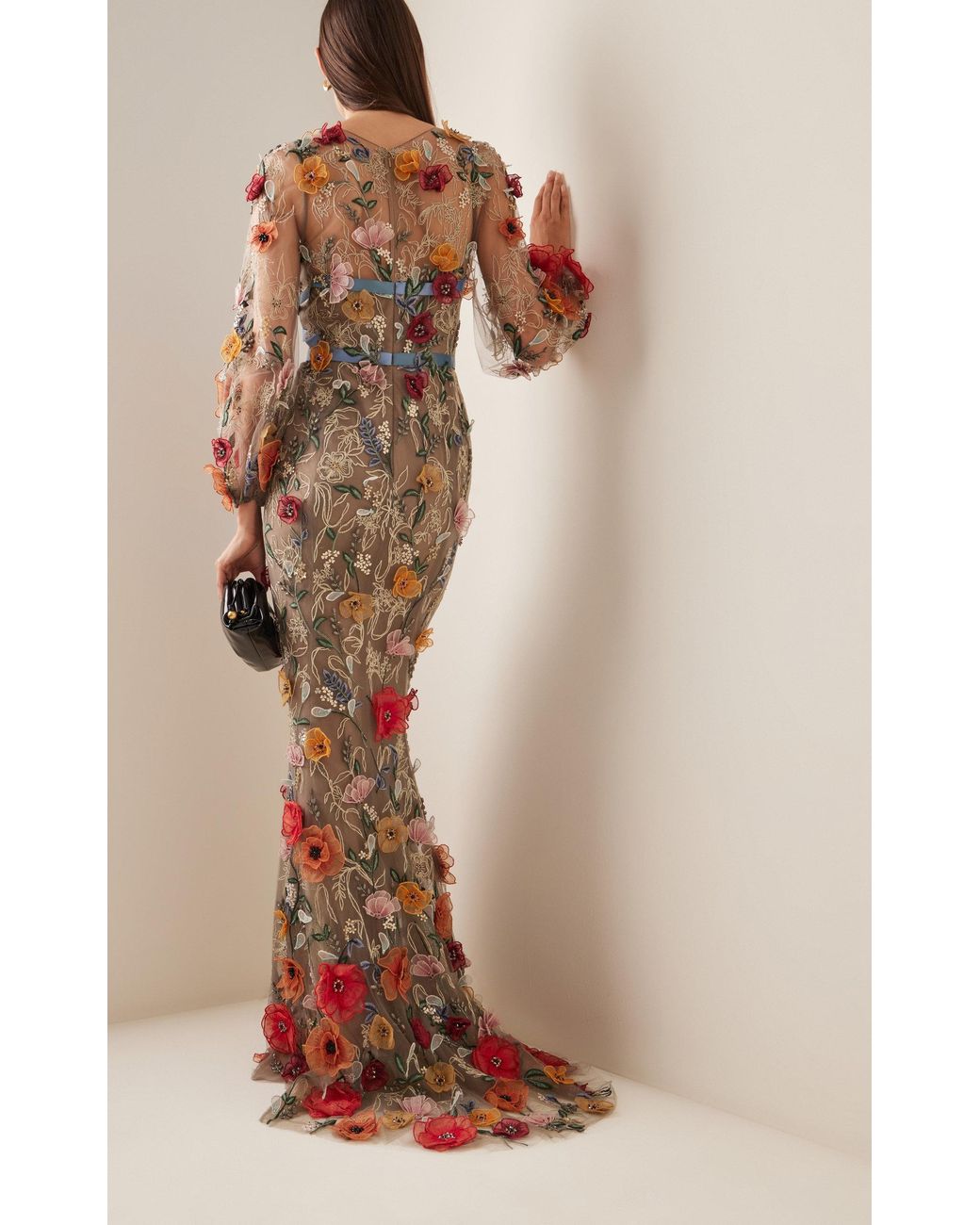 marchesa notte floral appliqud embroidered tulle midi dress Illusion Murals Sleeveless Embroidered Tulle Midi Dress
