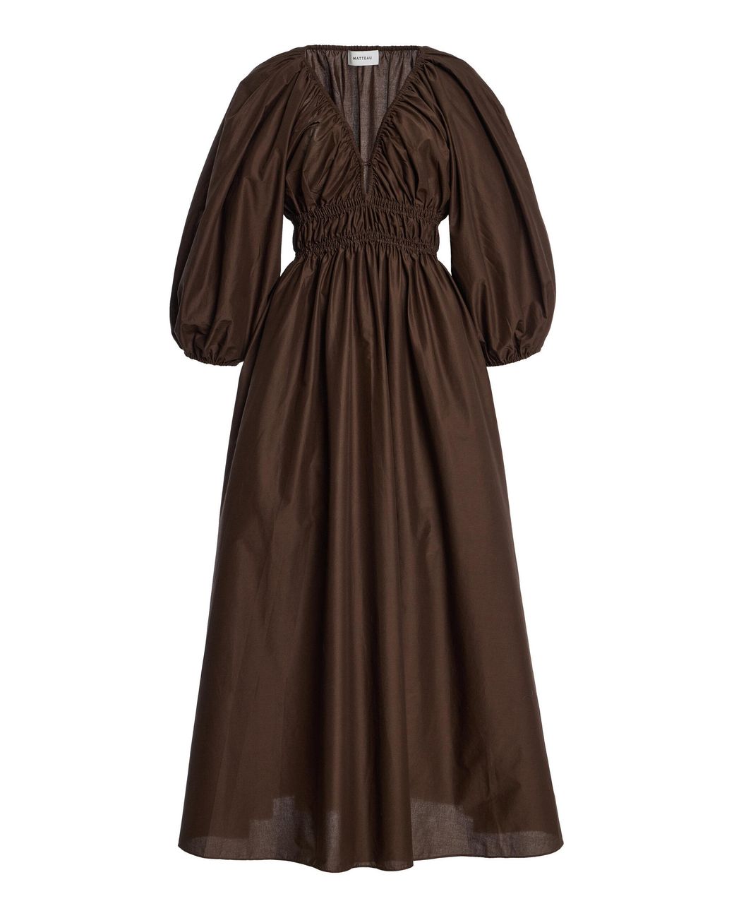 Matteau Brown Shirred Cotton Plunge Button Midi Dress