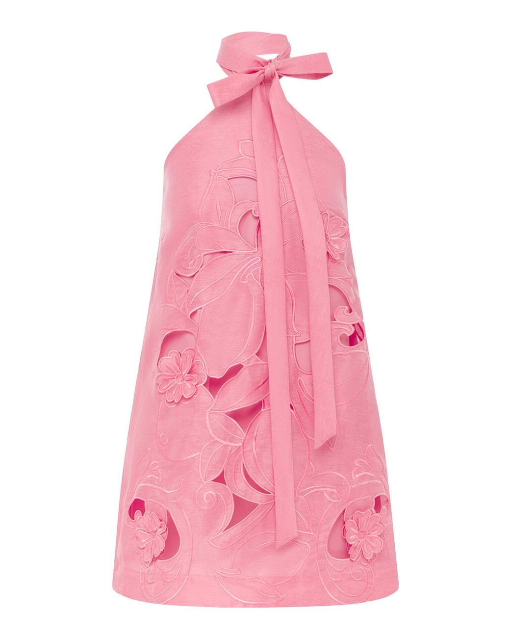 LEO LIN Pink Lola Floral-Appliqued Linen-Blend Halter Mini Dress