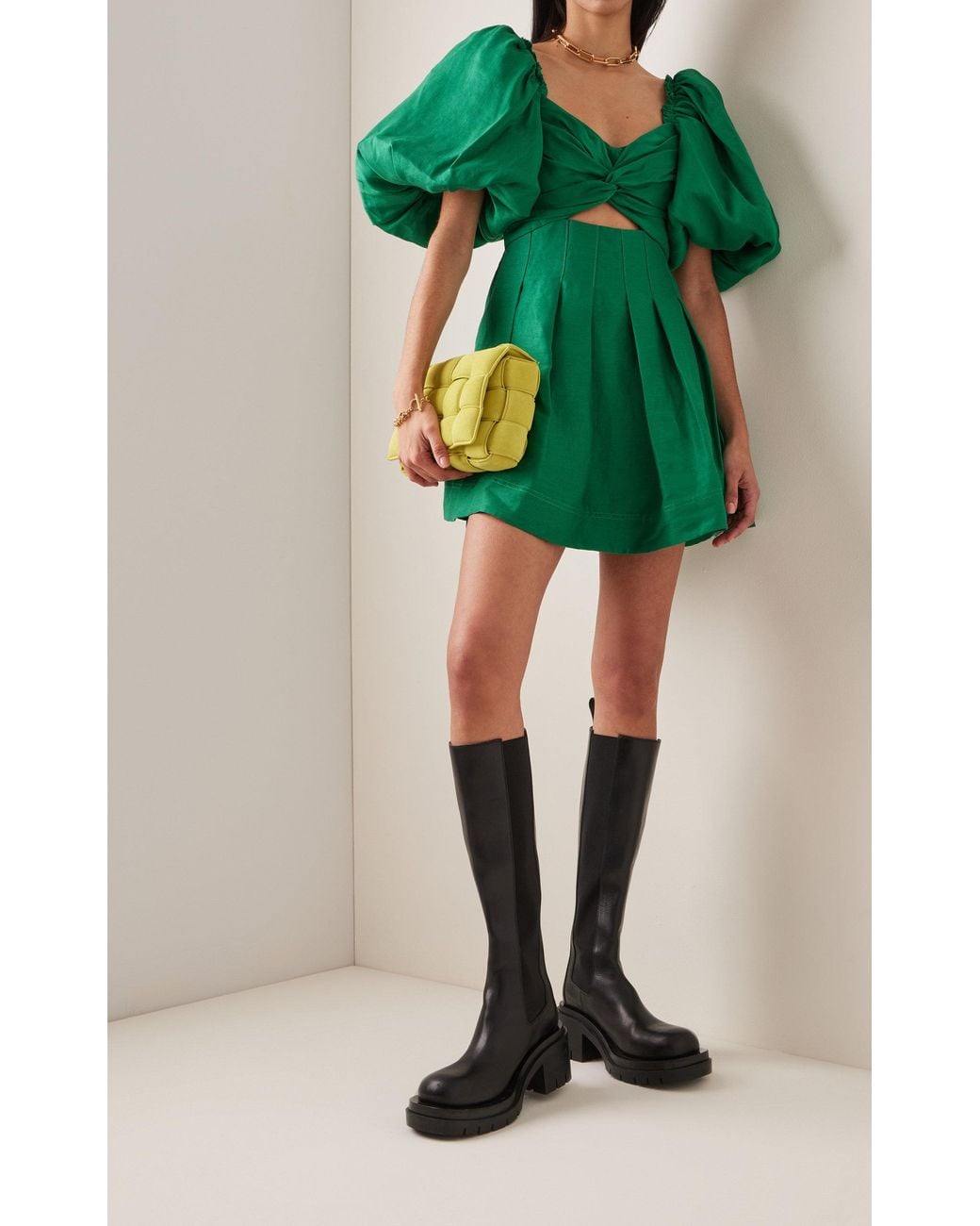 Aje. Dusk Knot Puff Sleeve Mini Dress in Green | Lyst