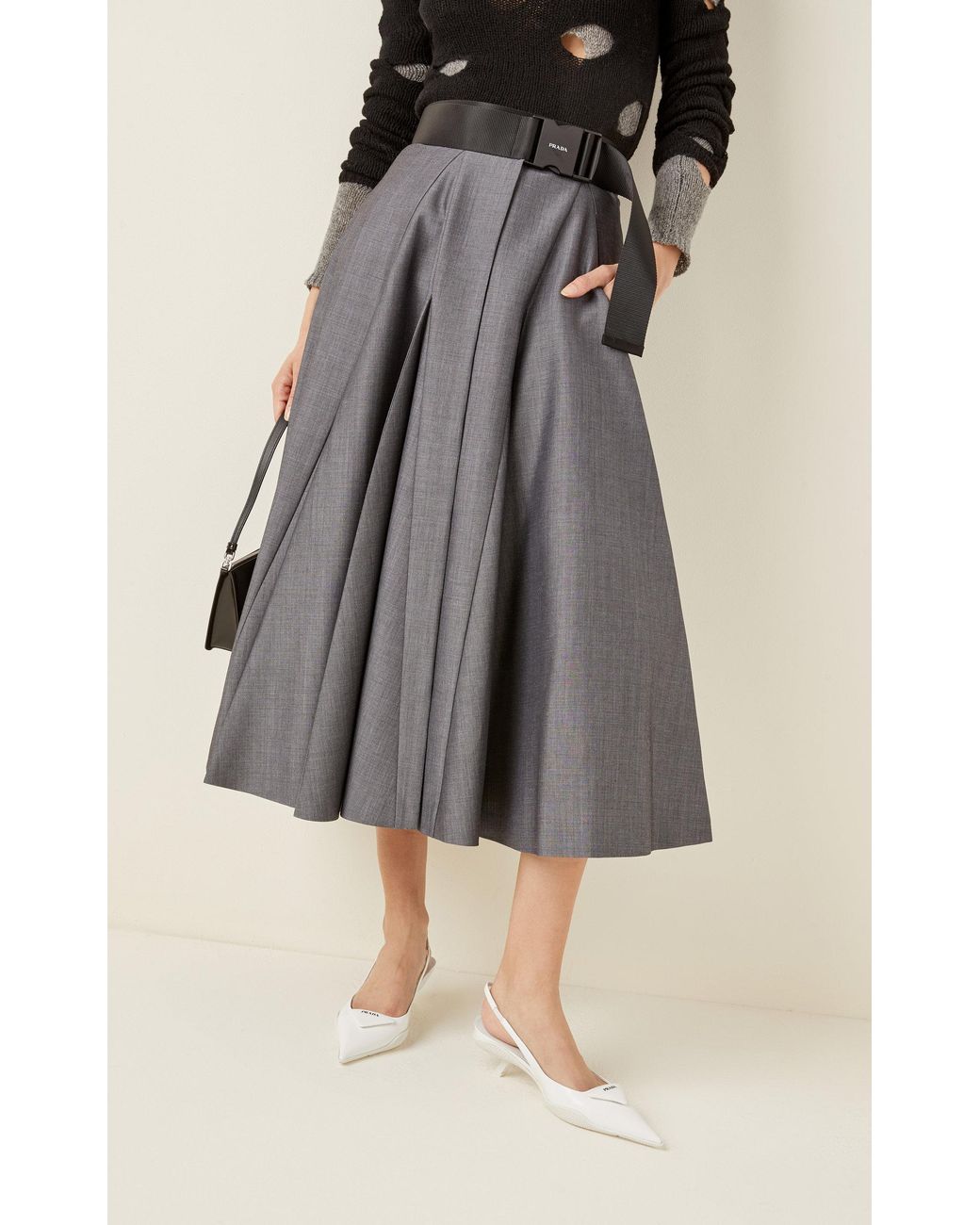 スカート PRADA Mohair Pleated Skirt 38 Prada Belted Mohair-wool A-line Midi Skirt in Gray | Lyst