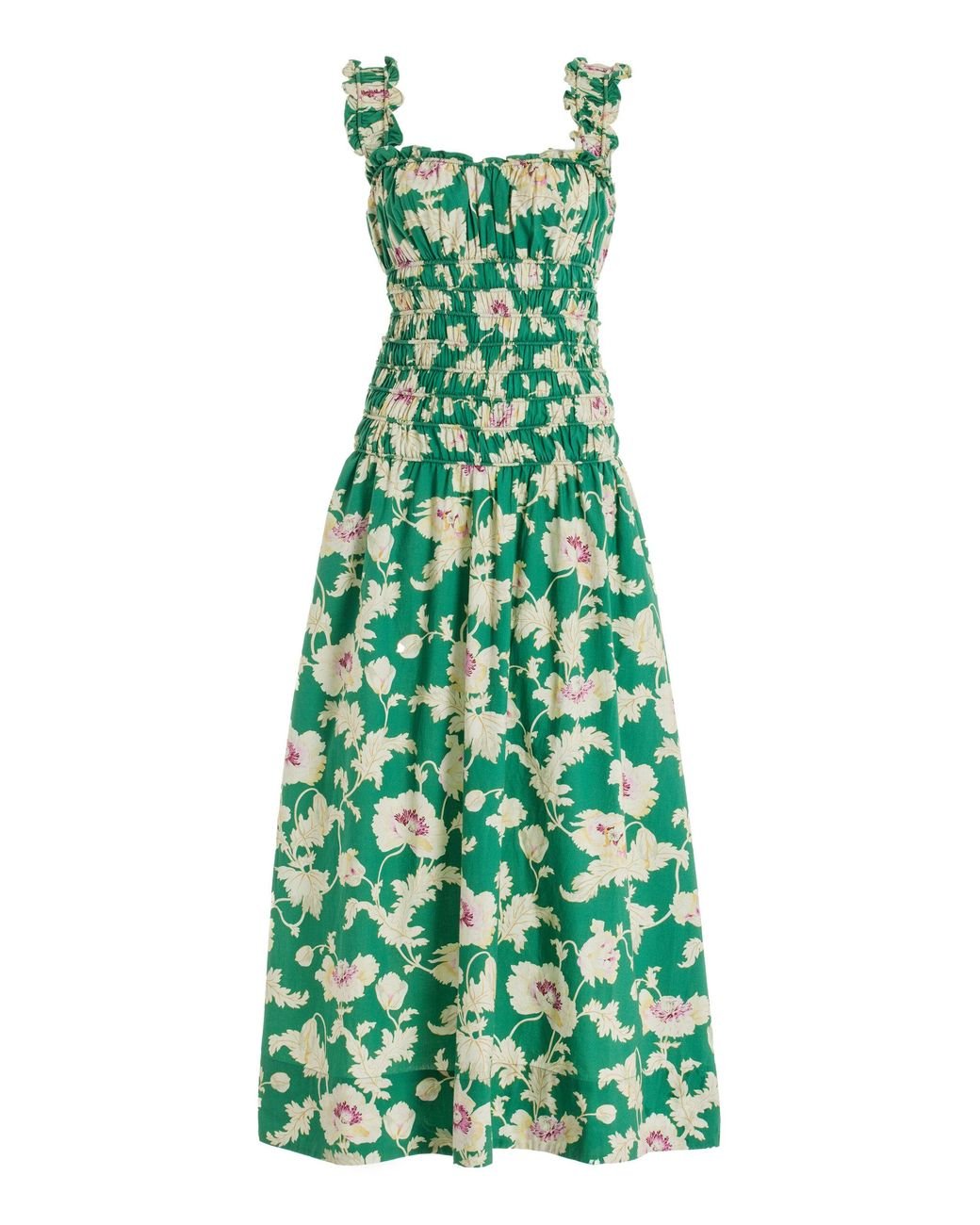 Posse Lorelei Smocked Floral Cotton Midi Dress in Green | Lyst