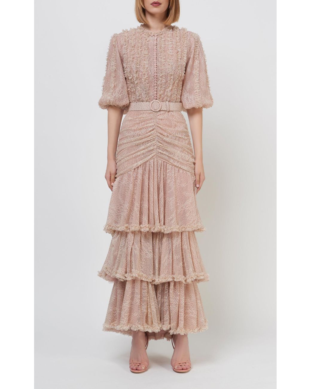 Costarellos Jeanisse Belted Chantilly Lace Tiered Dress | Lyst Canada