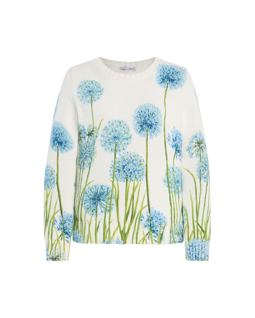 Oscar de la Renta Blue Allium-Printed Cotton-Blend Sweater