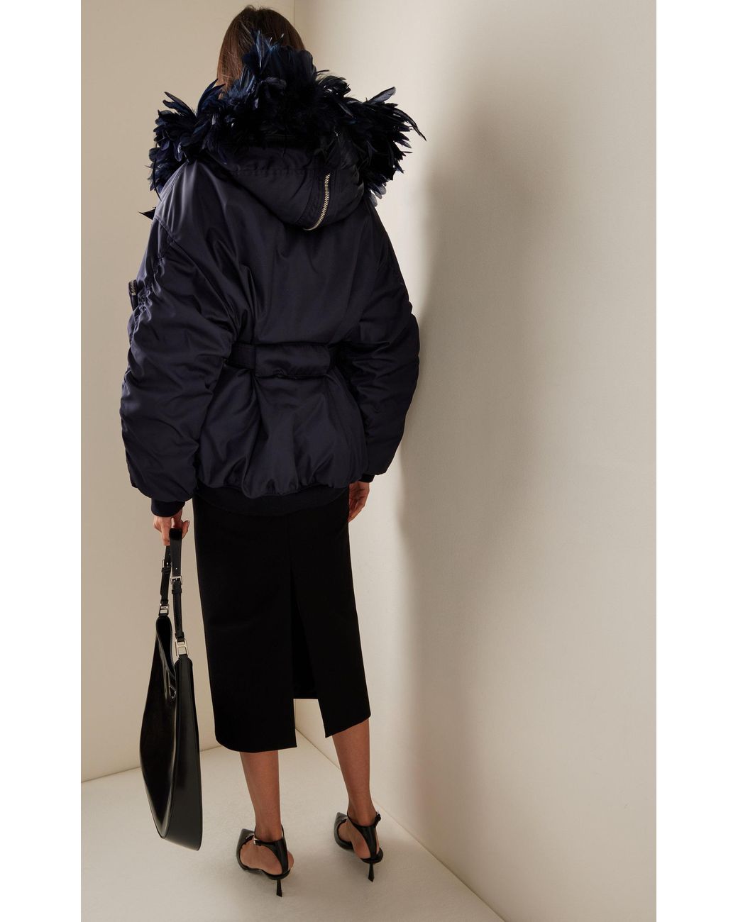 Prada Feather-trimmed Re-nylon Bomber Jacket in Blue | Lyst