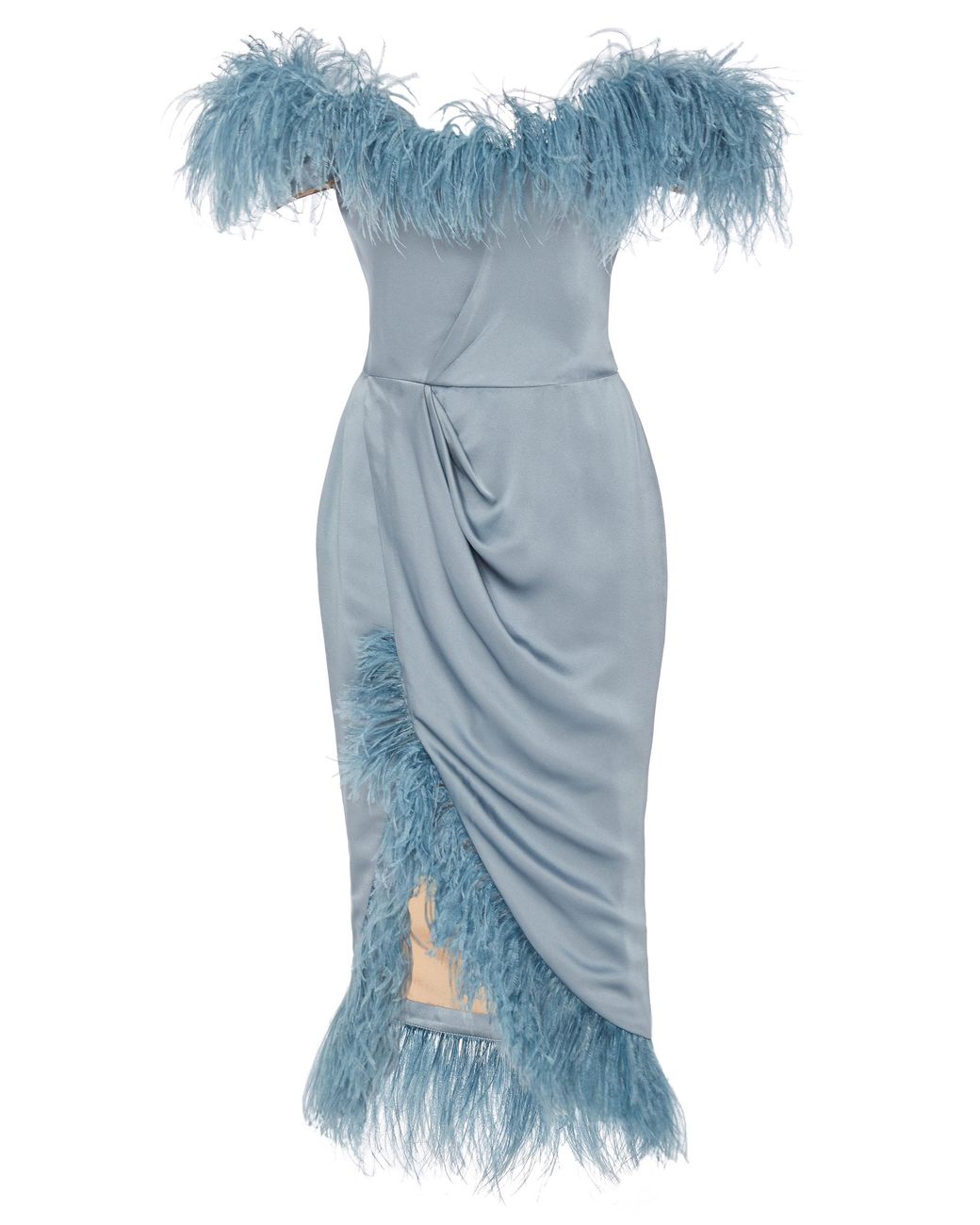 Sequins Embellished Silk Gazar Strapless Midi Dress with Ostrich Feather  Hem in Blue