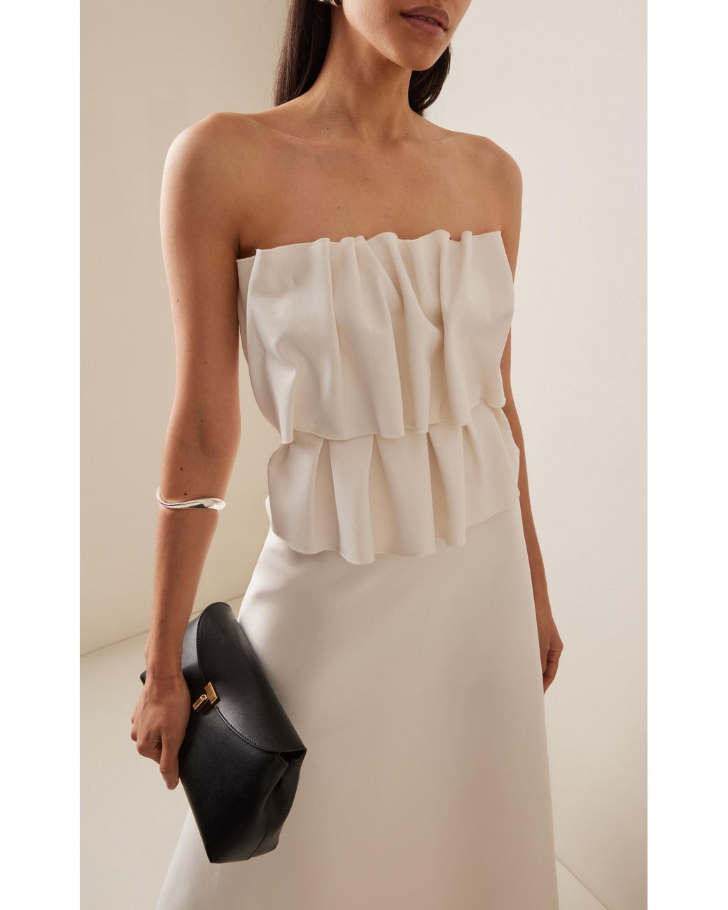 house of dagmar ruffled stretch-crepe strapless midi dress House of Dagmar Ruffled Stretch-crepe Strapless Midi Dress in White