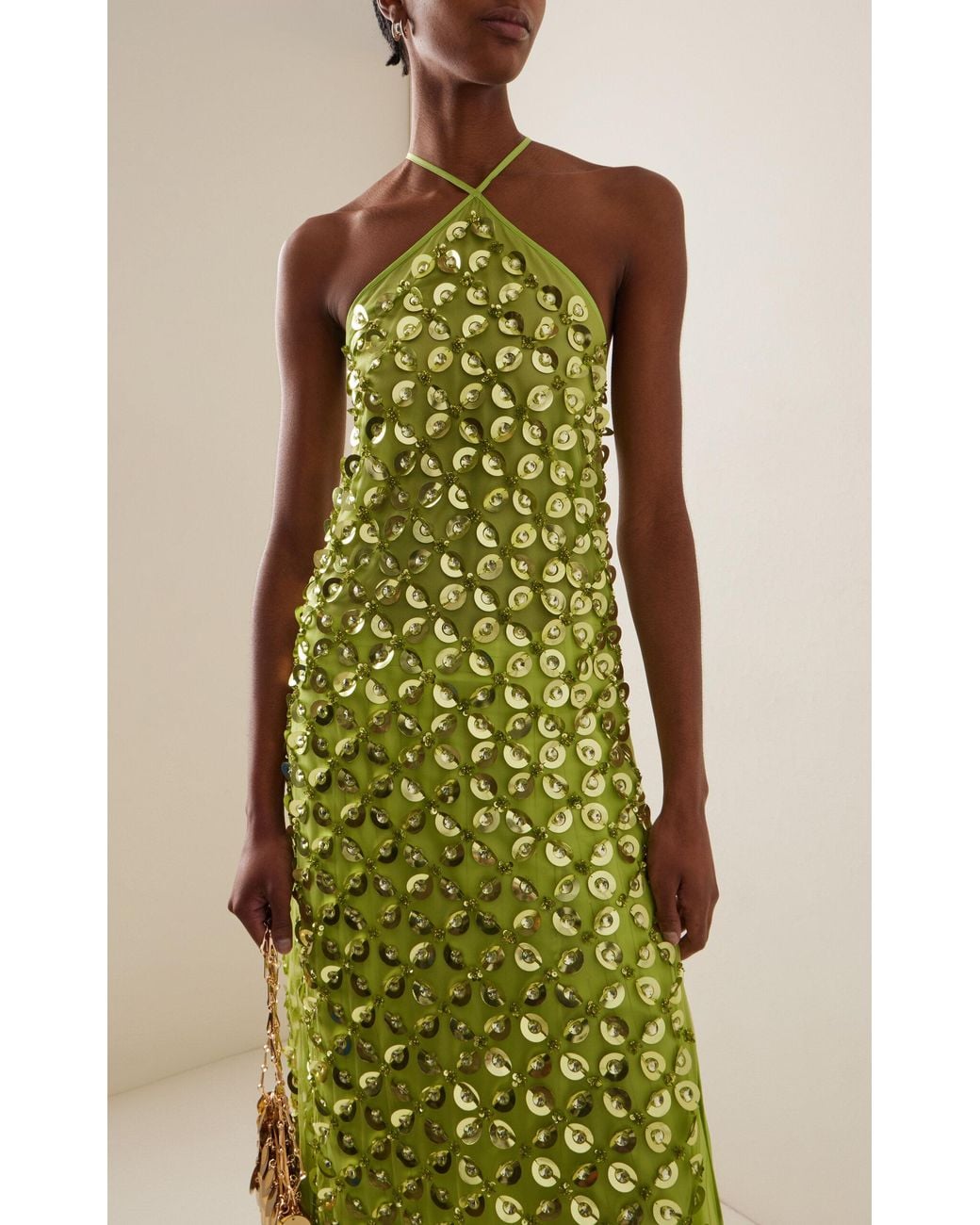 DES_PHEMMES Exclusive Embellished Mesh Halter Maxi Dress in Green | Lyst