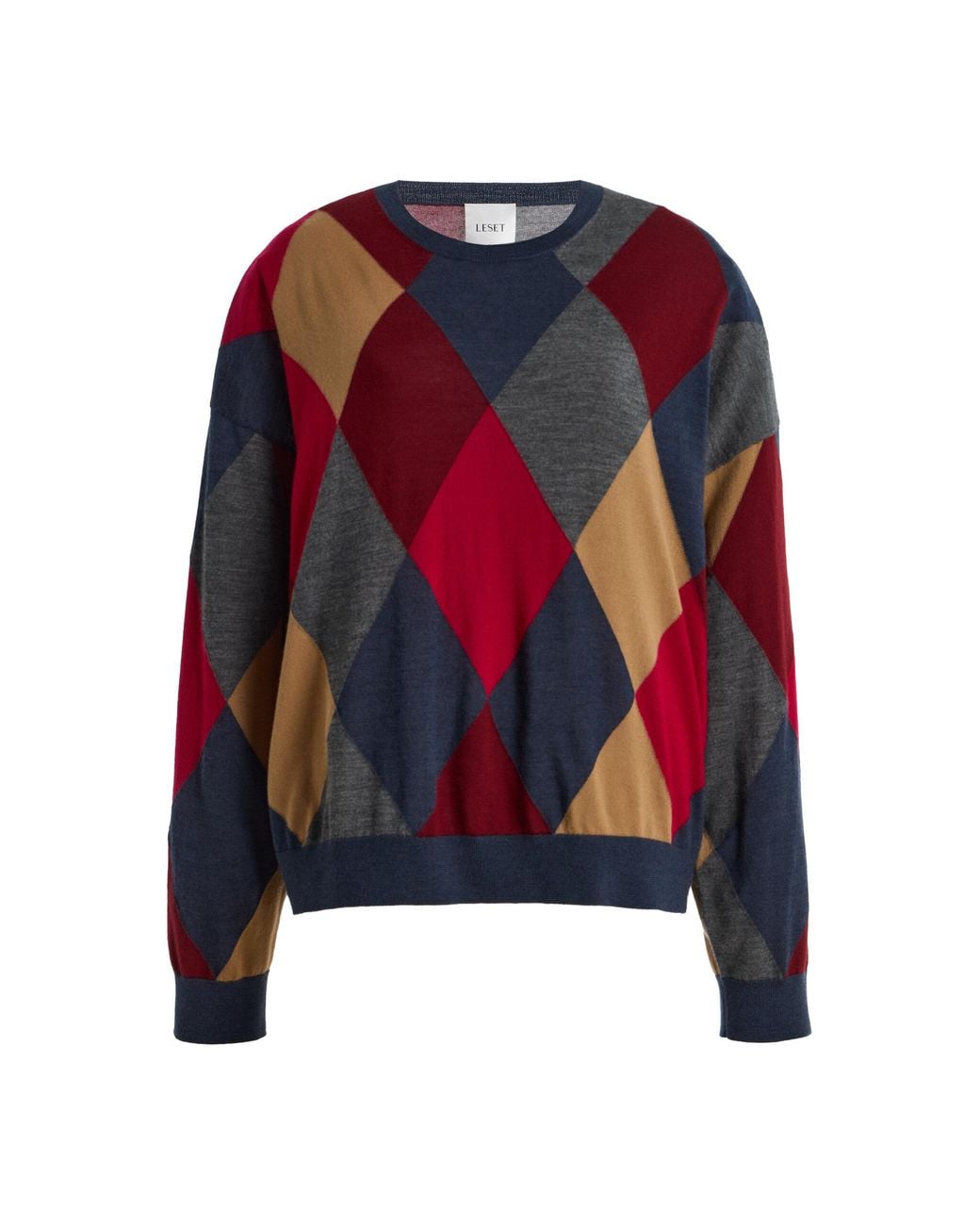 Leset Red James Oversized Argyle Wool Sweater