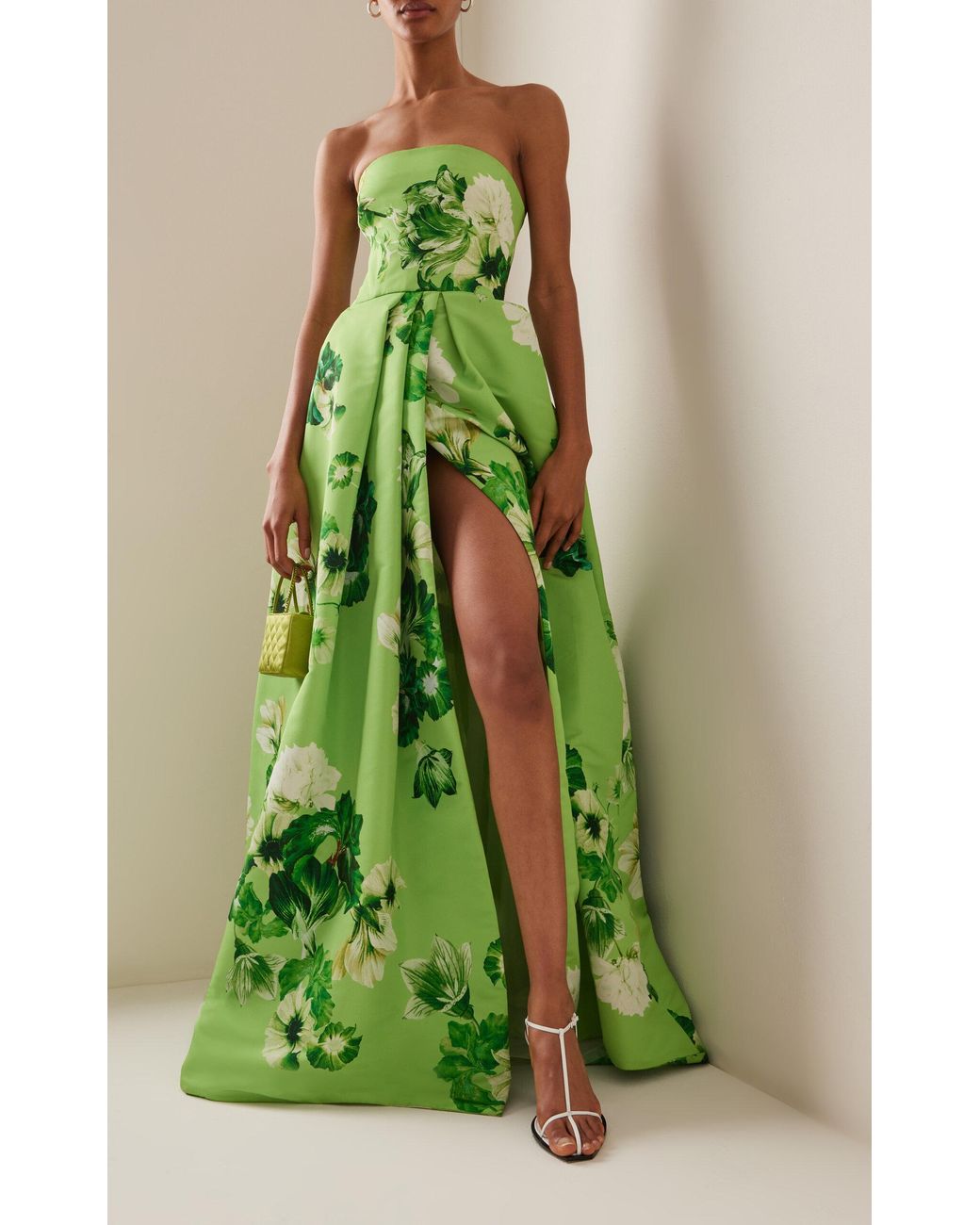 Monique Lhuillier Floral Crepe Strapless Gown in Green | Lyst