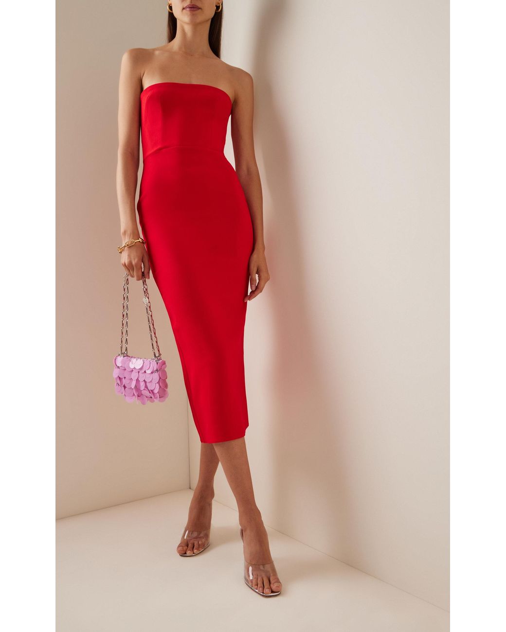 Alex Perry Exclusive Callan Strapless Crepe Midi Dress in Red | Lyst