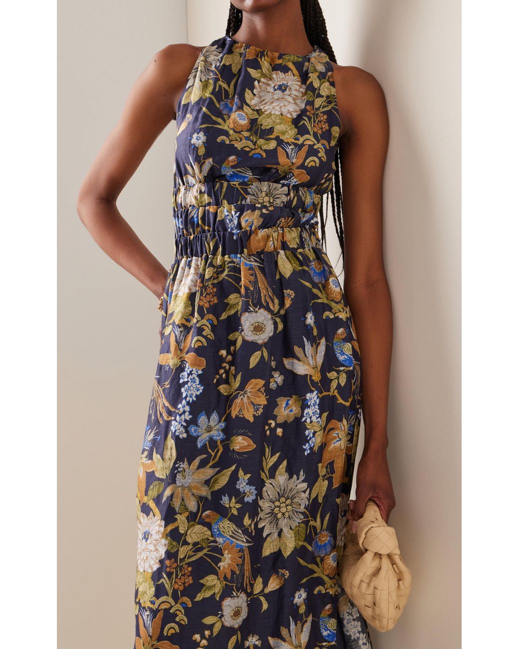 knee length dresses for ladies SIR Cutout Puff Sleeve Maxi Dress Lilian Navy Floral Print Linen-Silk   Celebrity Owned