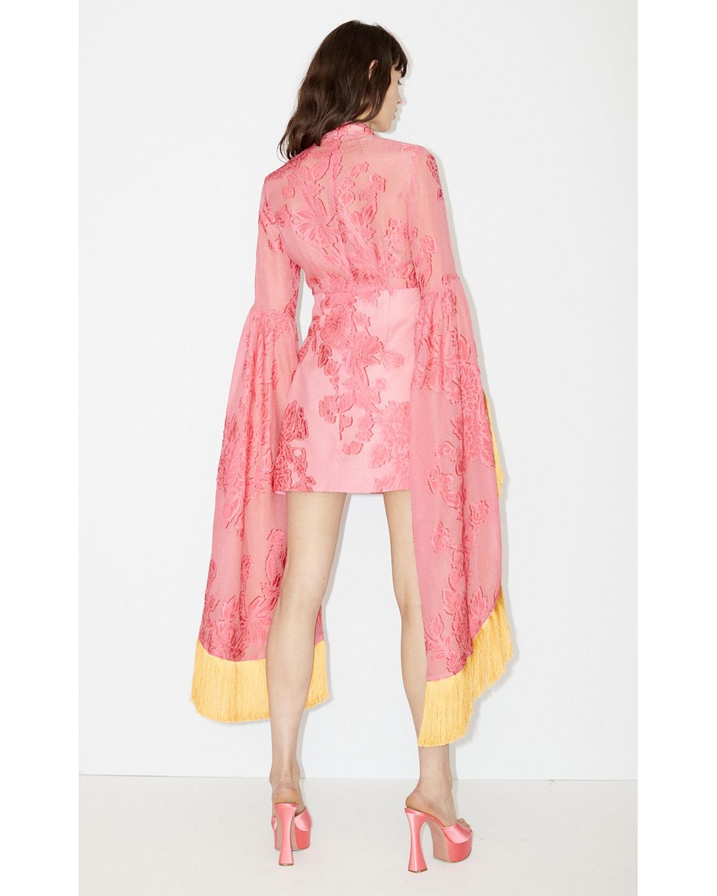 alemais leonard bell-sleeve jacquard fringe mini dress pink ALÉMAIS Leonard Fringe Jacquard Mini Dress in Red