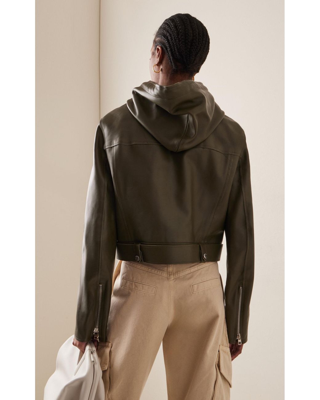 JW Anderson Hooded Leather Moto Jacket in Green | Lyst