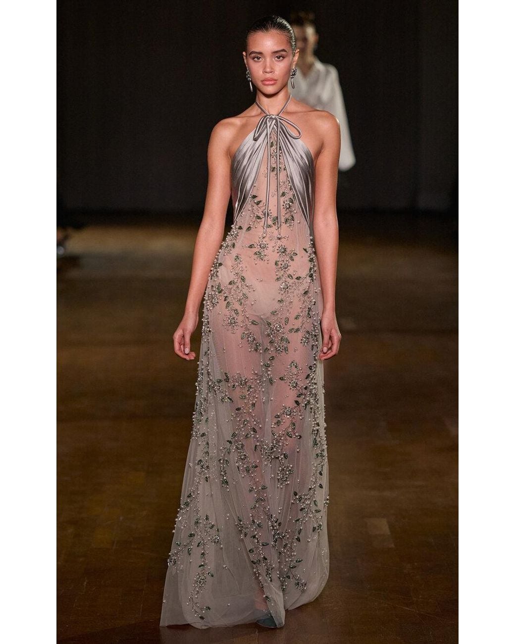 Georges Hobeika Brown Halter Neck Embellished Maxi Dress