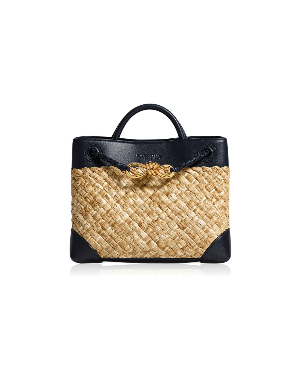 Bottega Veneta Natural Small Andiamo Intrecciato Leather And Raffia Bag