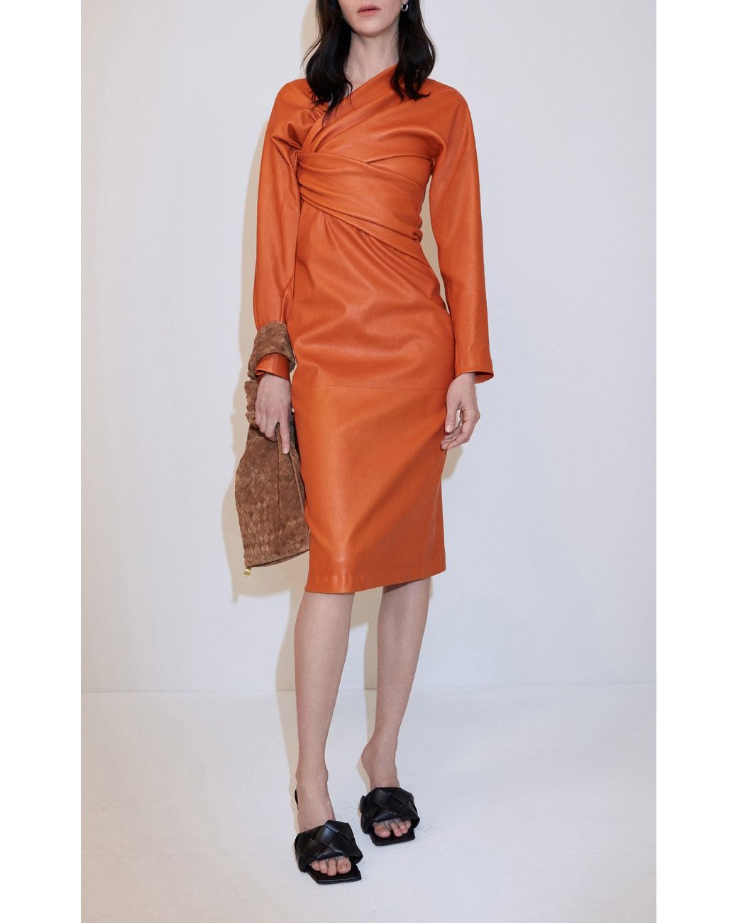 Bottega Draped Leather Dress in Orange Lyst