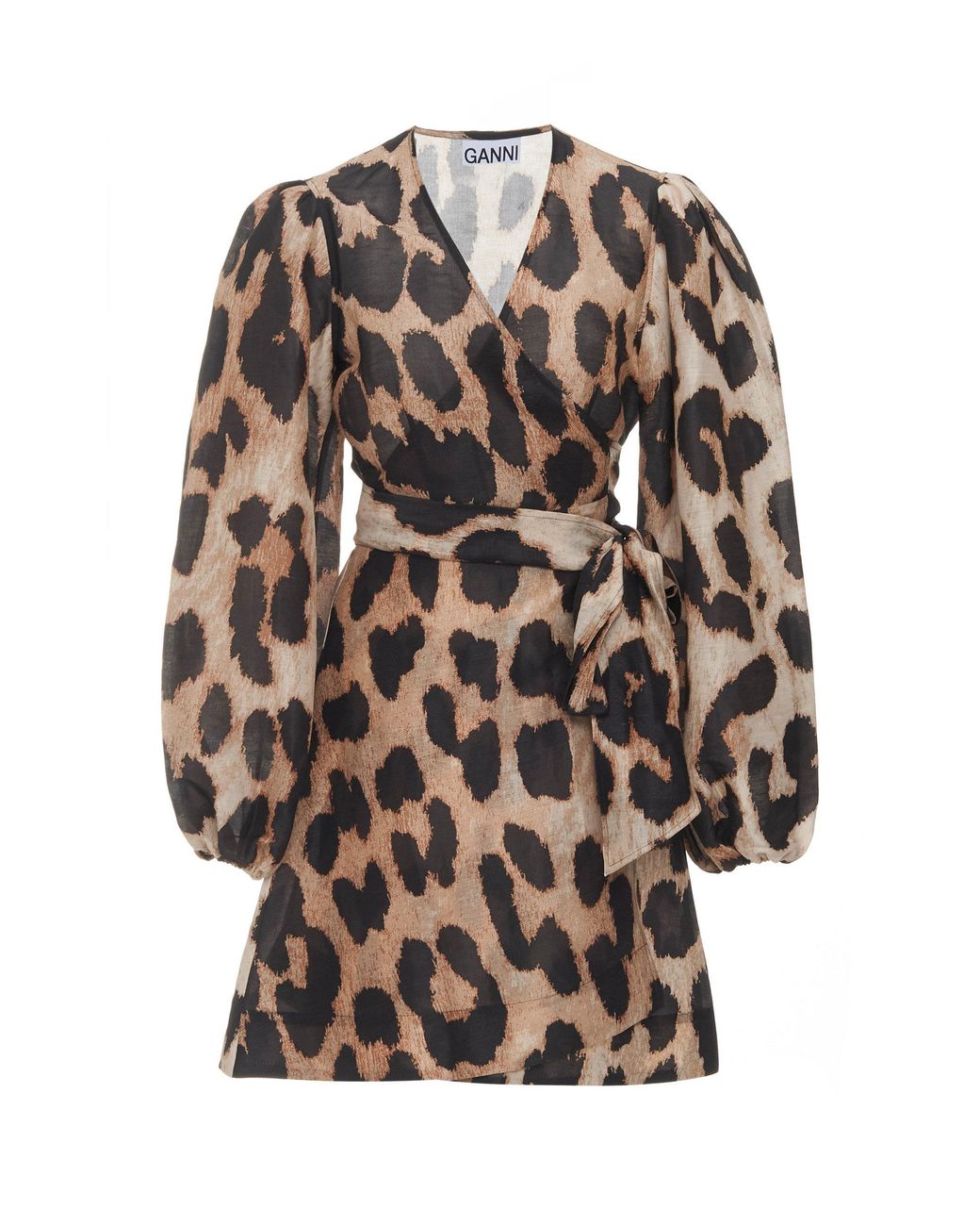 Ganni Silk Linen Leopard Mini Wrap Dress | Lyst